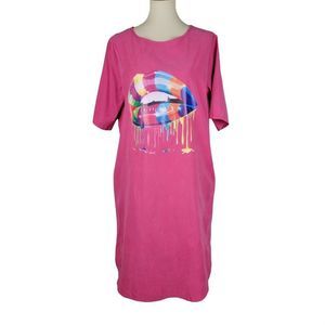 Unbranded Pink Colorful Lip Print Midi Shift Short Sleeves Pocket Dress Size XL